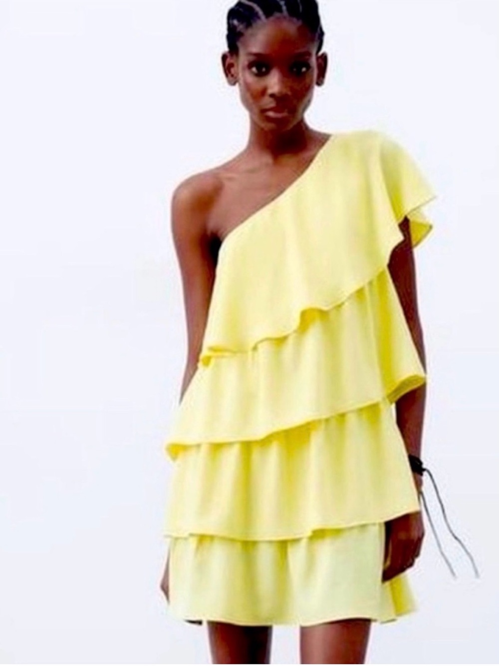 Zara One-Shoulder Yellow Ruffle Tiered Dress